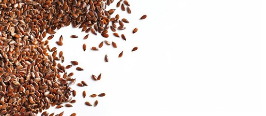 Aufkleber - Flax seeds scattered on the edge of a frame on white backdrop with copy space image