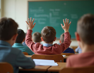 Classes in elementary school. Little boy in a lesson at school stretches his hands in the classroom.