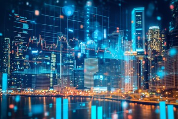 Poster - The skyline of a city is enhanced with stock market charts on a dark background, with a technological and financial concept