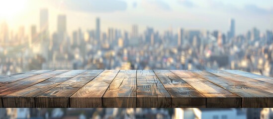 Fototapete - Wooden table with cityscape view in the background offering space for displaying products or objects in an advertisement concept is a copy space image