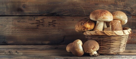 Aufkleber - A wooden backdrop showcases fresh boletus mushrooms offering ample copy space for customization in the image