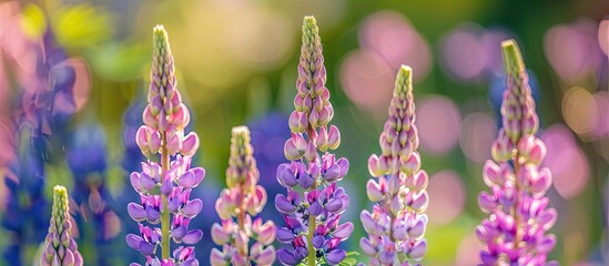 Poster - Lavender colored lupins in a garden setting with a copy space image