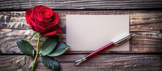 Sticker - Valentine s Day gift card with pen and red rose on a wooden background providing copy space image