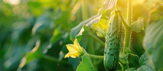 Poster - a young cucumber thrives in the greenhouse with a background perfect for adding text or graphics cop