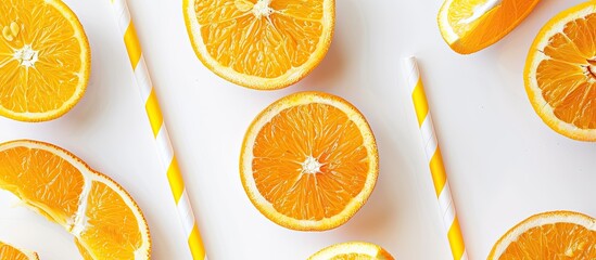 Aufkleber - Copy space image of straw inserted in sliced orange fruit on a white backdrop