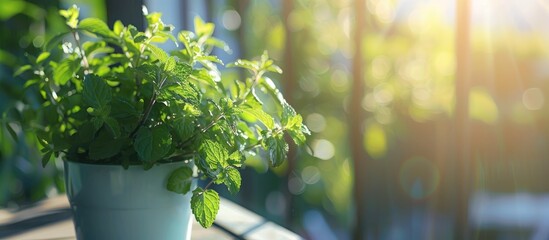 Aufkleber - Peppermint herb in sunlight on a balcony with copy space image