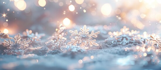 Fototapete - Winter themed background with white artificial snowflakes on soft light backdrop ideal for cards banners and posters with copy space image