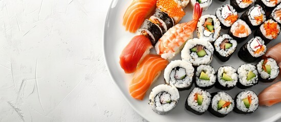 Poster - Various versions of sushi rolls displayed on a large plate against a white backdrop for a sushi bar menu design with a copy space image showcasing traditional Japanese cuisine