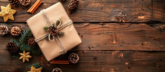 Poster - Gift box held in a top view perspective against a wooden background featuring decoration and a spacious area for images or text. Creative banner. Copyspace image