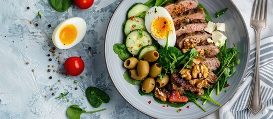 Canvas Print - Top view of a keto brunch with a boiled egg pork steak olives cucumber spinach brie cheese nuts and tomato in a copy space image