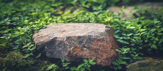 Poster - Natural textured background featuring a brown grey granite stone amidst green groundcover with a retro filter effect ideal for copy space image