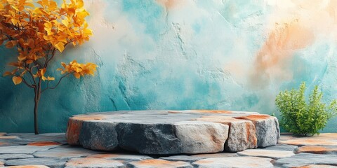 Sticker - Stone Platform with Yellow and Green Plants Against a Teal Wall