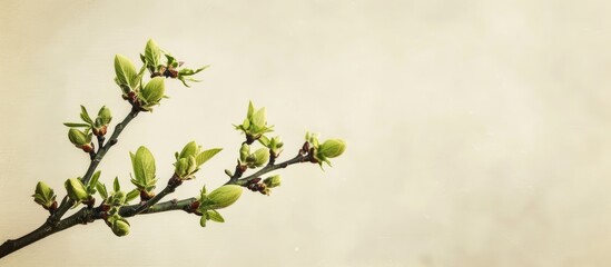 Fototapete - Image of a tree branch in spring with fresh green buds against a simple background with ample copy space rendered in a warm and vintage style with a hint of film grain