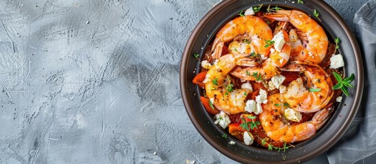Aufkleber - Top view of Greek prawns shrimp saganaki with feta tomato paprika and thyme on a gray background with copy space image