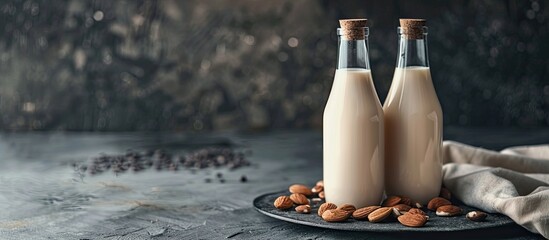 Aufkleber - Two almond milk bottles with nuts on a dark table lactose and sugar free perfect for vegetarians ideal for a copy space image
