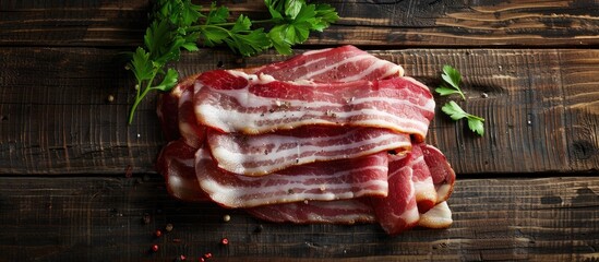 Poster - Fresh bacon strips displayed on a rustic table with a top view creating a mouth watering copy space image for a delicious snack