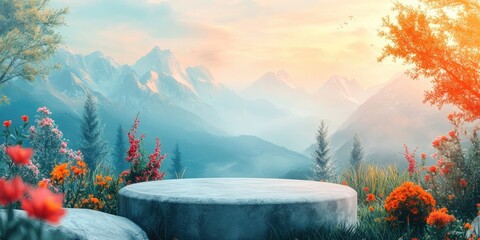 Wall Mural - Stone Platform in a Misty Mountain Landscape with Flowers