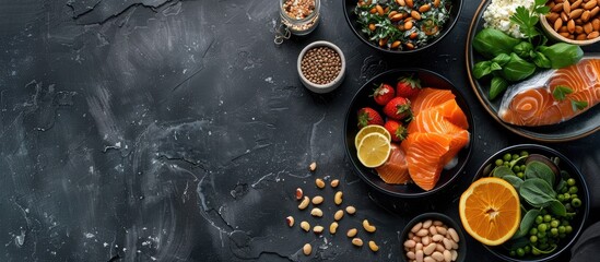 Poster - Nutritious meal plan displayed on a dark gray backdrop Overhead view with space for text or image insertion. Creative banner. Copyspace image