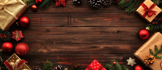 Poster - Wooden table with Christmas present decorations creates a festive vibe in the copy space image