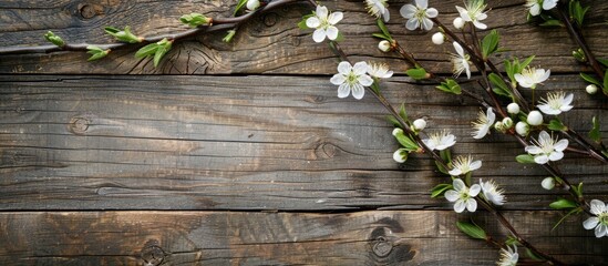 Poster - Minimalistic top down view of a willow tree branch with blooming flowers on a rustic wooden surface providing ample space for images or text