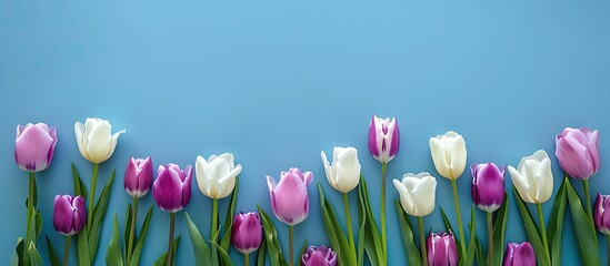 Aufkleber - Violet and white tulips arranged on a blue backdrop in classic blue color copy space image