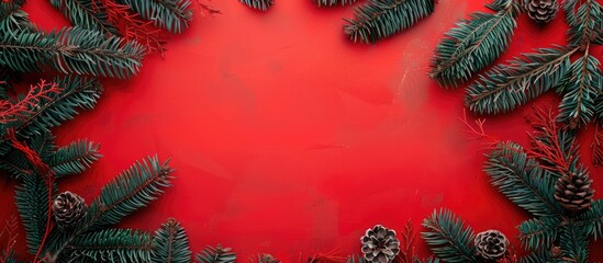 Aufkleber - A festive Christmas scene with tree branches creating a frame against a red background ideal for holiday greeting cards with copy space image
