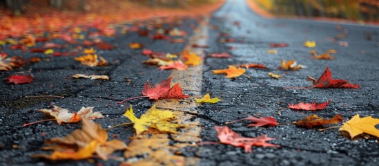 Fototapete - Fall foliage scattered on the road with a copy space image