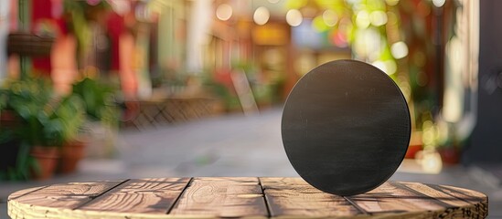 Sticker - Round table with a blank black sign board set against a blurry background providing copy space image