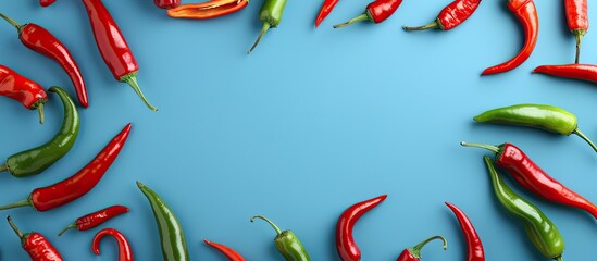 Poster - Flat lay frame constructed with various chili peppers on a blue backdrop providing ample copy space image
