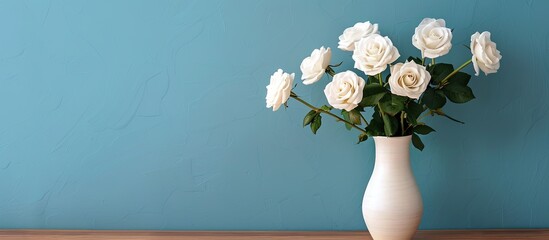 Fototapete - Greet someone with a heartfelt message using this elegant greeting card featuring white roses in a vase on a wooden table against a blue wall with copy space image