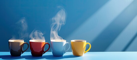 Aufkleber - View of steaming beverages in cups on a blue backdrop with ample copy space image around