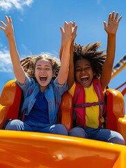 Two young girls on a roller coaster at an amusement park