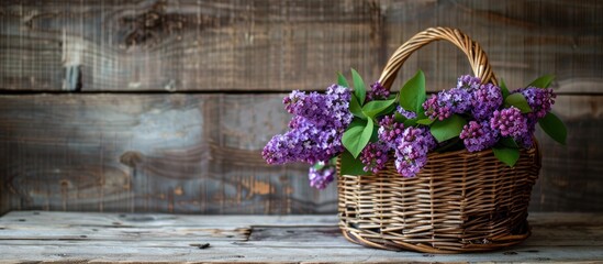 Aufkleber - Vintage wicker basket with purple lilacs on rustic wood background for a Mother s Day greeting card Includes copy space image