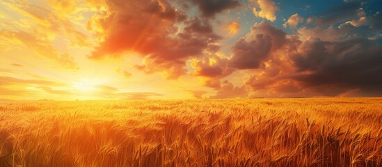 Poster - Golden wheat field at sunset ripe yellow ears against stormy sky with a copy space image evoking a summer landscape symbolizing bread making brewing food and harvesting concept