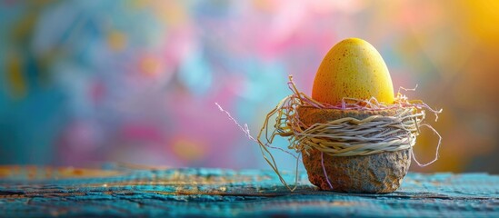 Aufkleber - An Easter themed image featuring a yellow Easter egg nestled in a decorative bucket against a colorful backdrop conveying the essence of Easter with available copy space