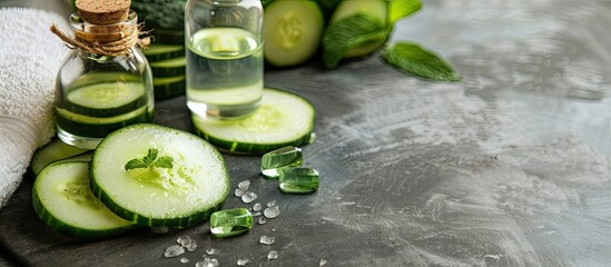 Canvas Print - Spa treatments using cucumber soap a bottle of cucumber extract and cucumber slices displayed in a copy space image for body care products