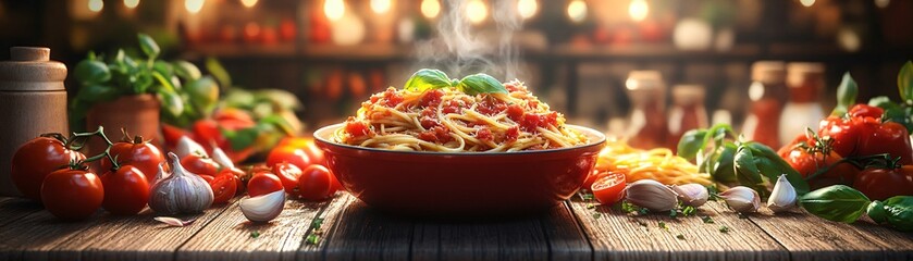 Kitchen scene with hot spaghetti being served from a pot surrounded by fresh ingredients like tomatoes garlic and basil evoking a home cooked meal