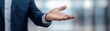 © ImagePulse - Businessman presenting open hand, sharp hand detail with blurred modern office close-up, businessman, one hand open, blur background, photo-realistic