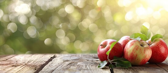 Poster - Summer themed copy space image featuring apples on a rustic wooden table with a blurry bokeh background