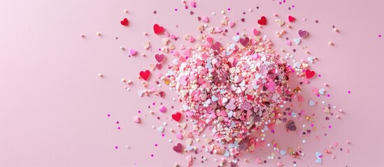 Sticker - Valentine s Day postcard featuring a creative photo of a heart surrounded by confetti on a pink backdrop with ample copy space viewed from the top in a flat lay style and showcasing soft pastel colors