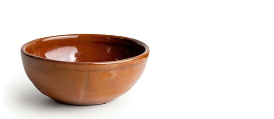 Poster - Side view of a brown ceramic salad bowl on a white background featuring copy space image