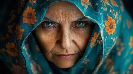 Canvas Print - A close up of a woman with blue eyes wearing a blue headscarf