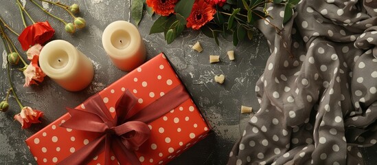Aufkleber - A romantic gift idea featuring a red box tied with a bow candles fake flowers and a polka dot cloth displayed on a stone surface from above with room for additional images