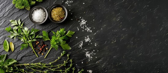 Wall Mural - Top view of herbs and condiments displayed on a black stone surface with copy space image available