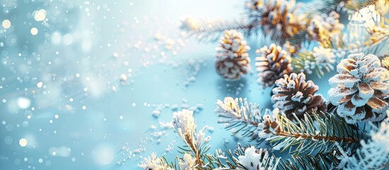 Poster - Snowy fir tree branch snowflakes and fir cones on light blue backdrop with copy space image for Christmas winter holidays Merry Christmas or Happy New Year concept