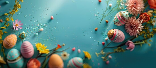 Poster - Easter greetings with a celebratory background featuring selective focus a top down view and horizontal orientation perfect for a copy space image