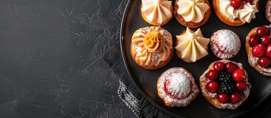 Poster - Top view of profiteroles and eclairs on a black matte plate with ample copy space image