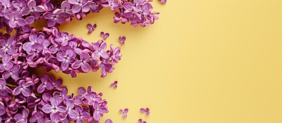 Aufkleber - Top view of a lovely lilac flower border on a soft yellow backdrop perfect for adding text with a copy space image