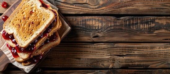 Poster - Wooden background with a delicious homemade peanut butter and cherry jelly sandwich perfect for a copy space image