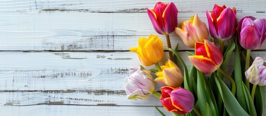 Aufkleber - Easter themed setting with a vibrant tulip bouquet arranged on a vintage white wooden surface creating a picturesque copy space image